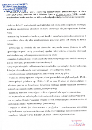Komunikat w sprawie otwarcia boiska szkolnego