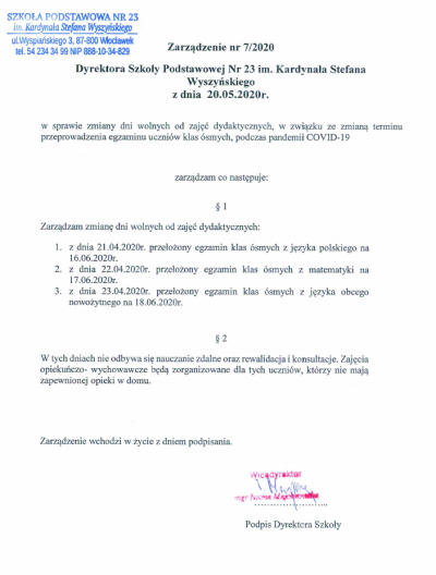 Zarządzenie Dyrektora Szkoły 7/2020