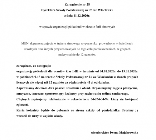Zarządzenie Dyrektora Szkoły nr 28/2020