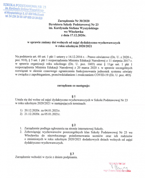 Zarządzenie Dyrektora Szkoły nr 30/2020