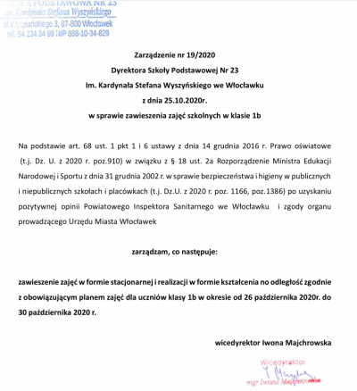Zarządzenie nr 19 w sprawie zawieszenia zajęć szkolnych kl.1b