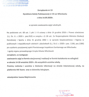 Zarządzenie Dyrektora Szkoły nr 13