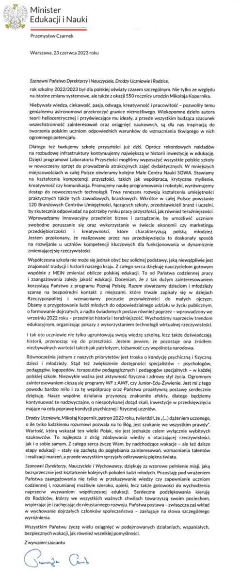List od Ministra Edukacji i Nauki